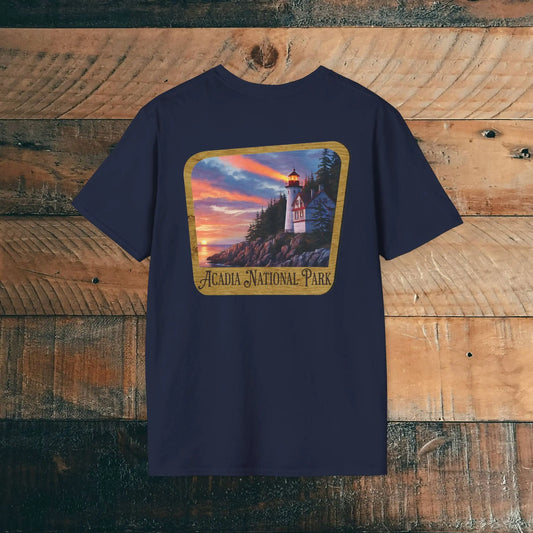 Acadia National Park Wood Sign Unisex Back Print Soft T-Shirt Coastal Lighthouse - Park Service Apparel