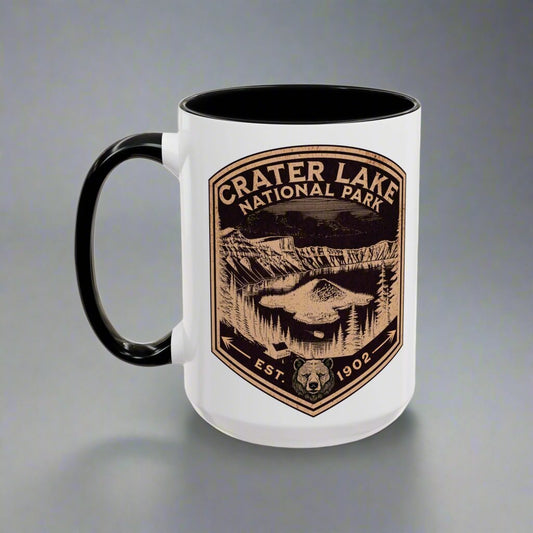 Crater Lake Accent Coffee Mug 11oz 15oz National Park Scenic Bear Shield Oregon Printify
