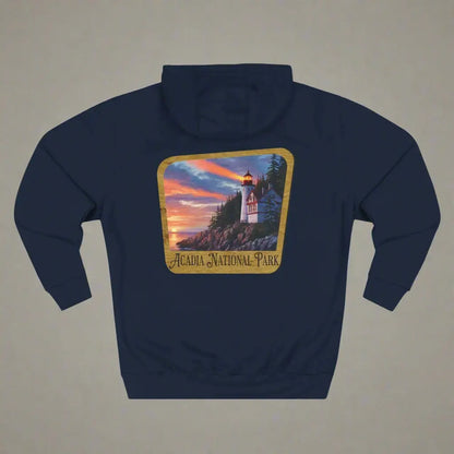Acadia National Park Fleece Hoodie Scenic Coastal Graphic Wooden Mountain Sign - Park Service Apparel