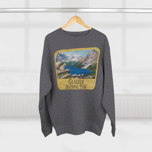 Glacier National Park Unisex Fit Crewneck Sweatshirt Wood Sign Lake View - Park Service Apparel