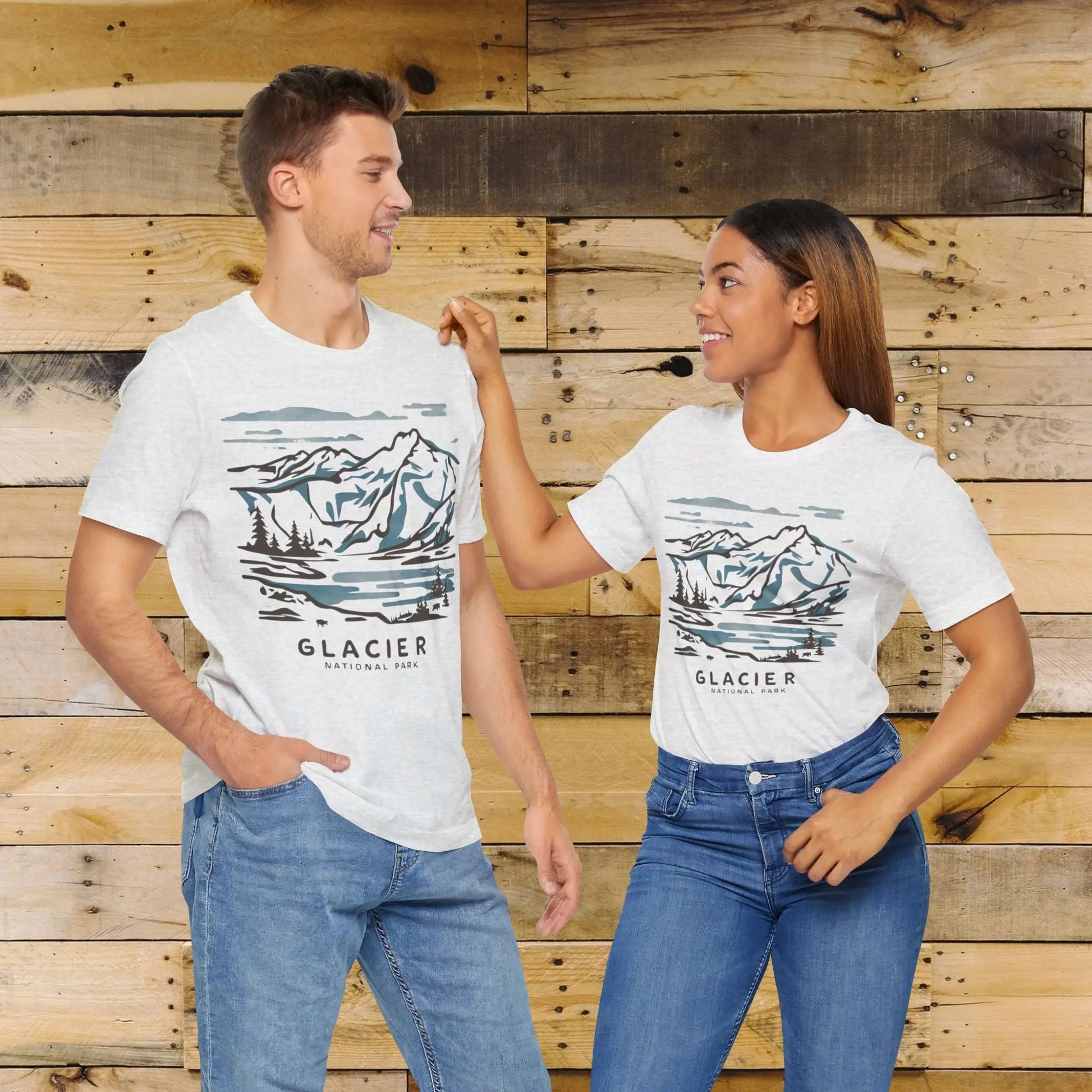 Glacier National Park Unisex Fit Soft T-Shirt Watercolor Line Art Printify