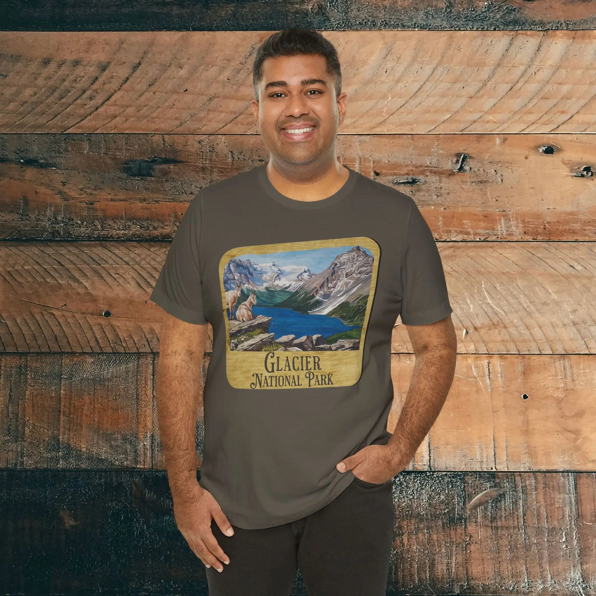 Glacier National Park Unisex Fit Short Sleeve T-Shirt Wood Sign - Park Service Apparel