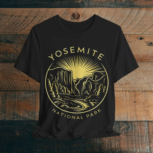 Yosemite National Park Unisex Fit Soft T-Shirt Yellow Rising Sun Valley Line Art - Park Service Apparel