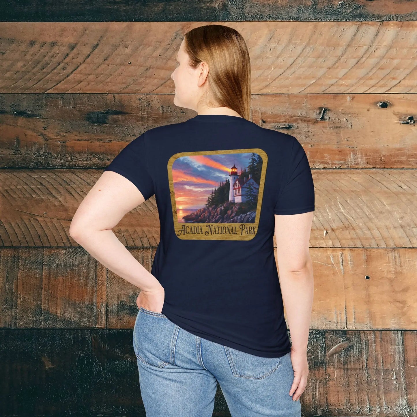 Acadia National Park Wood Sign Unisex Back Print Soft T-Shirt Coastal Lighthouse - Park Service Apparel