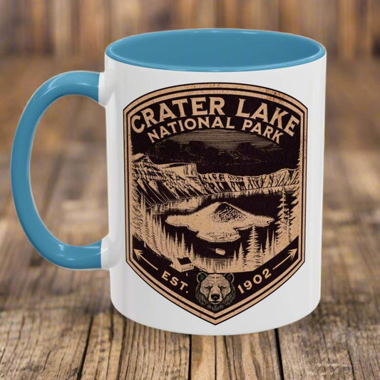 Crater Lake Accent Coffee Mug 11oz 15oz National Park Scenic Bear Shield Oregon Printify