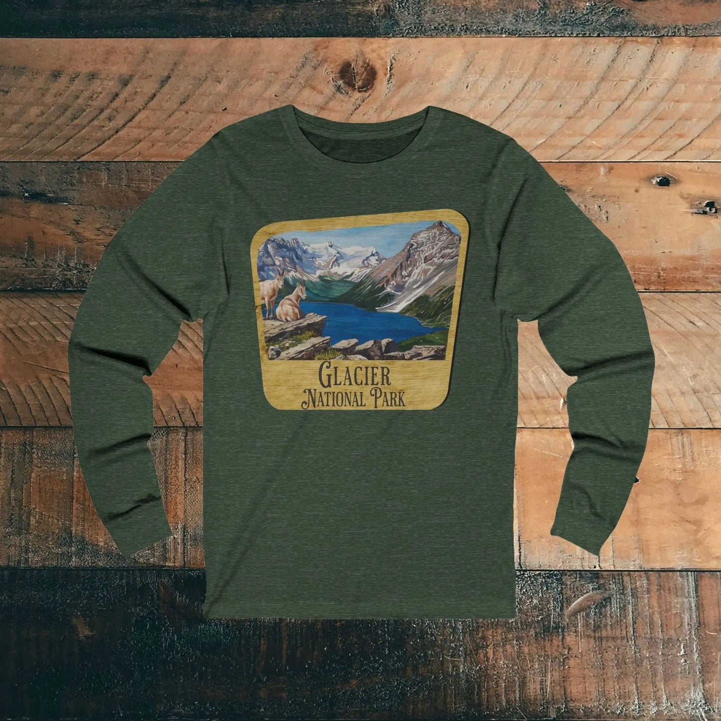 Glacier National Park Unisex Fit Long Sleeve T-Shirt Mountain View Wood Sign - Park Service Apparel