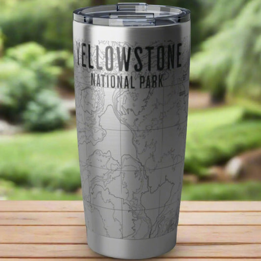 Yellowstone National Park Topographic Tumbler 20oz Real USGS Map Old Faithful Double Walled Spill Resistant Lid - Park Service Apparel