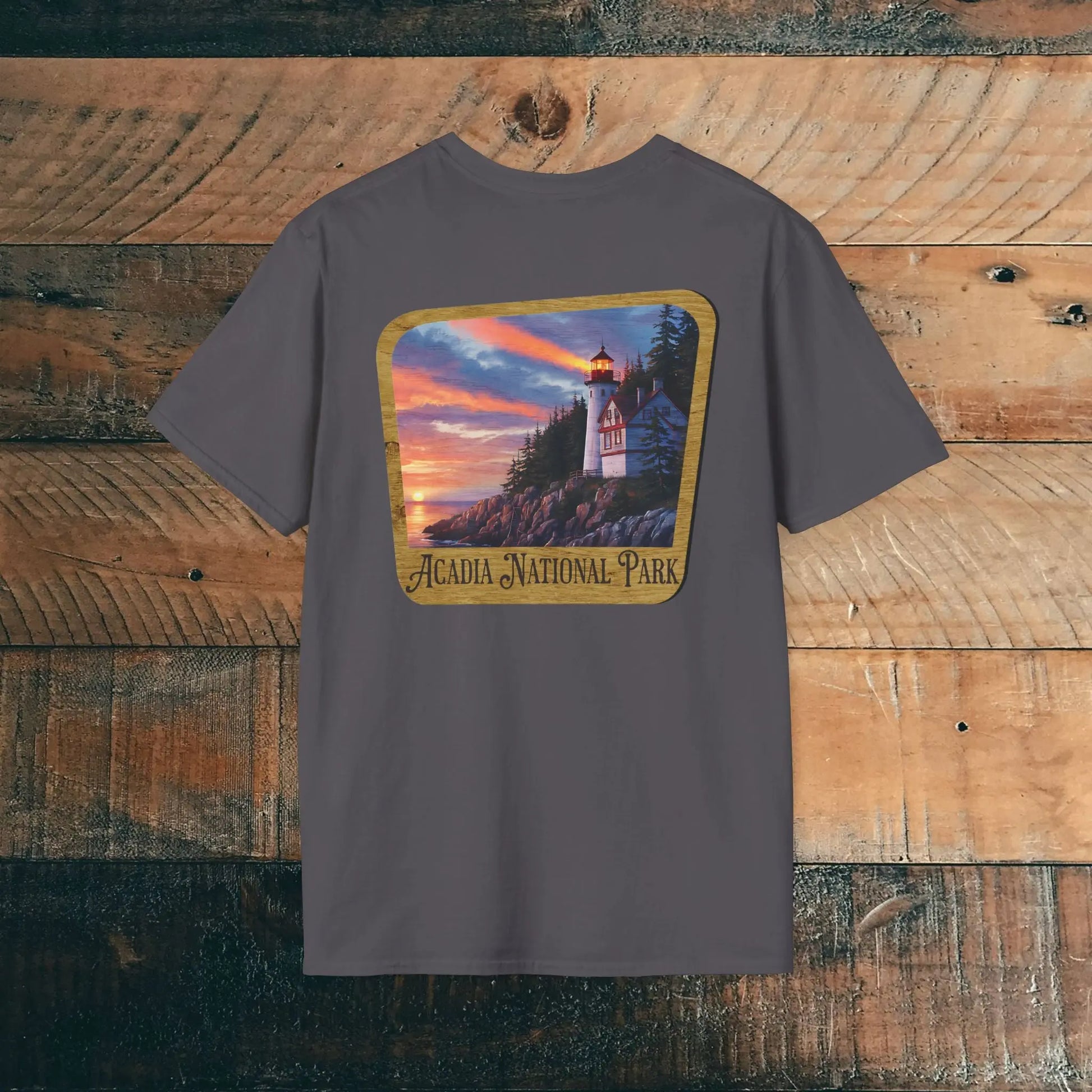 Acadia National Park Wood Sign Unisex Back Print Soft T-Shirt Coastal Lighthouse - Park Service Apparel