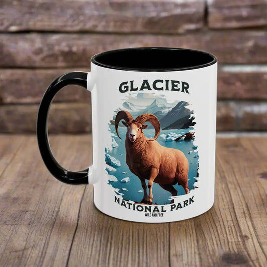 Glacier National Park Big Horned Sheep Accent Coffee Mug 11oz 15oz Blue Black Pink Red - Park Service Apparel