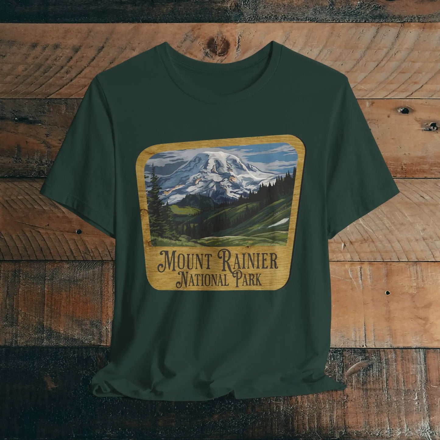 Mount Rainier National Park Unisex Fit Short Sleeve T-Shirt Wood Sign - Park Service Apparel