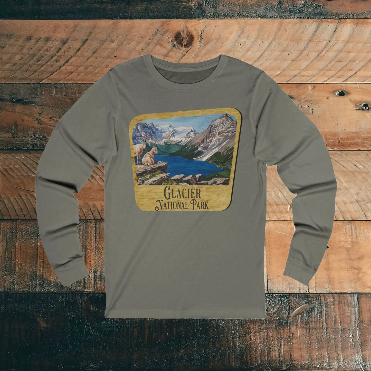 Glacier National Park Unisex Fit Long Sleeve T-Shirt Mountain View Wood Sign - Park Service Apparel