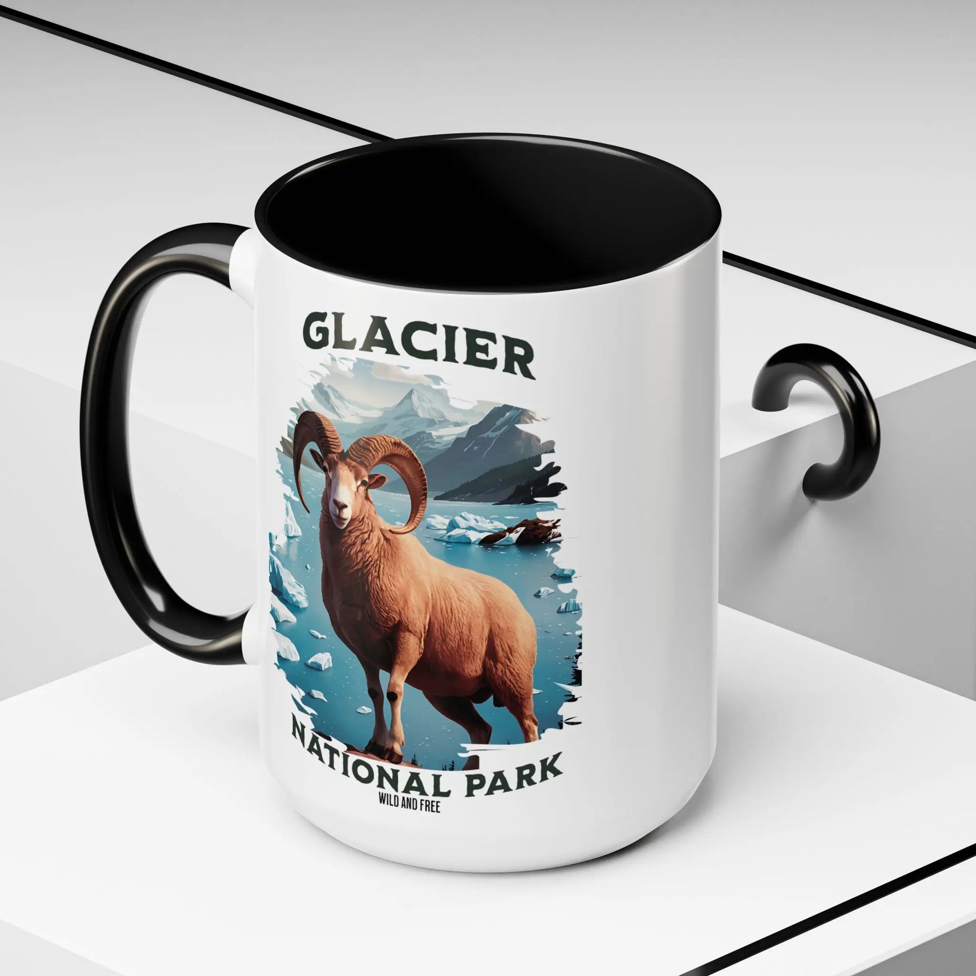 Glacier National Park Big Horned Sheep Accent Coffee Mug 11oz 15oz Blue Black Pink Red - Park Service Apparel