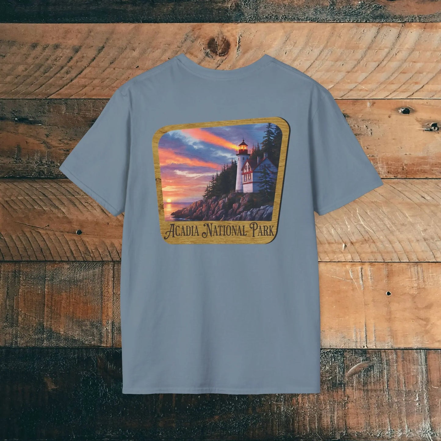 Acadia National Park Wood Sign Unisex Back Print Soft T-Shirt Coastal Lighthouse - Park Service Apparel