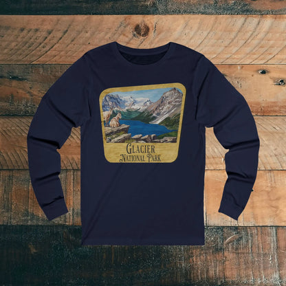 Glacier National Park Unisex Fit Long Sleeve T-Shirt Mountain View Wood Sign - Park Service Apparel