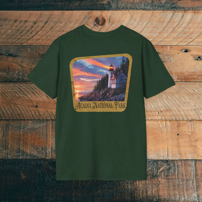 Acadia National Park Wood Sign Unisex Back Print Soft T-Shirt Coastal Lighthouse - Park Service Apparel