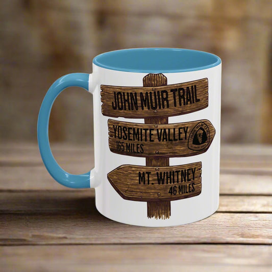John Muir Trail Accent Coffee Mug 11oz 15oz National Scenic JMT Wood Mile Sign Printify