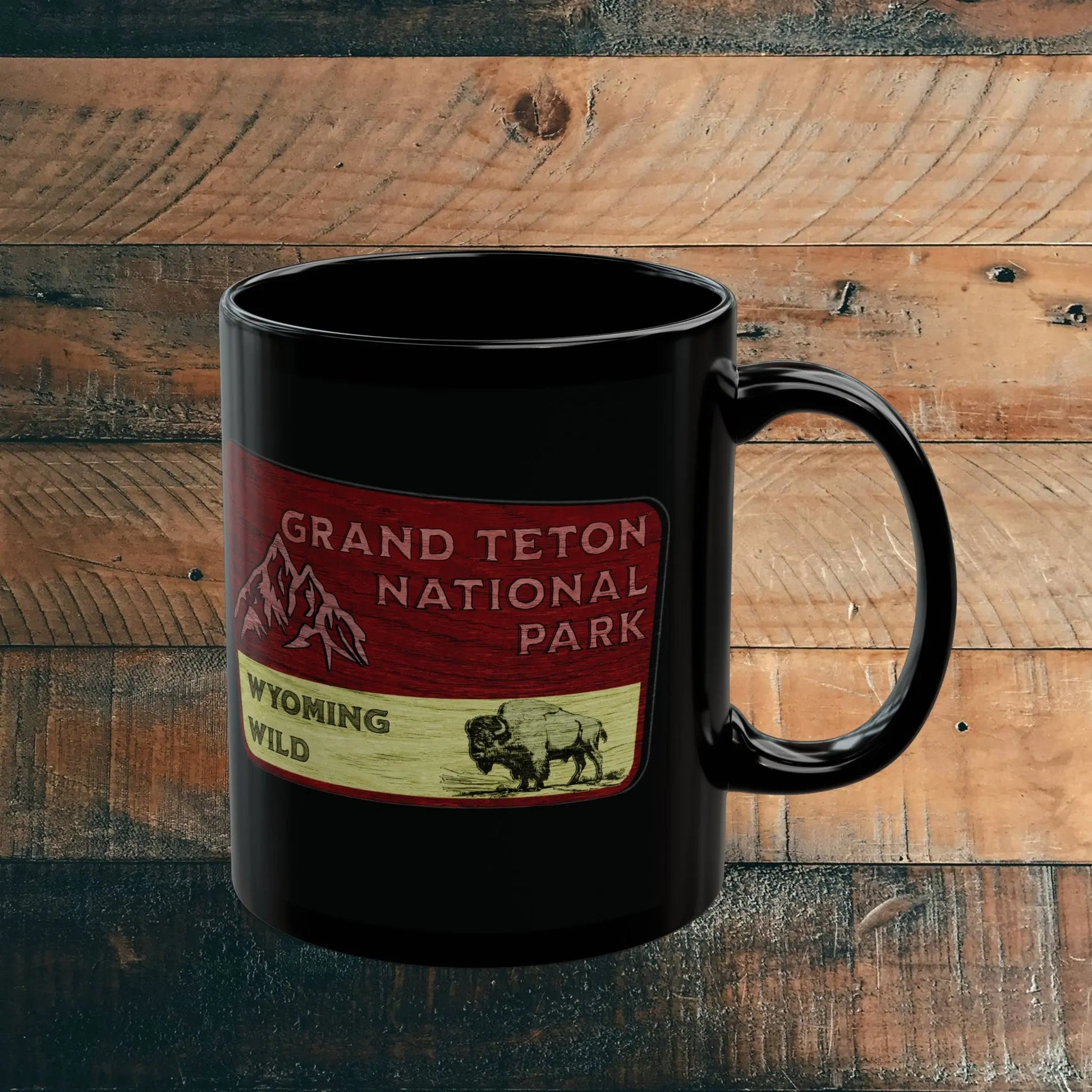 Grand Teton National Park Black Mug (11oz, 15oz) Wyoming Wild Wood Sign Graphic - Park Service Apparel