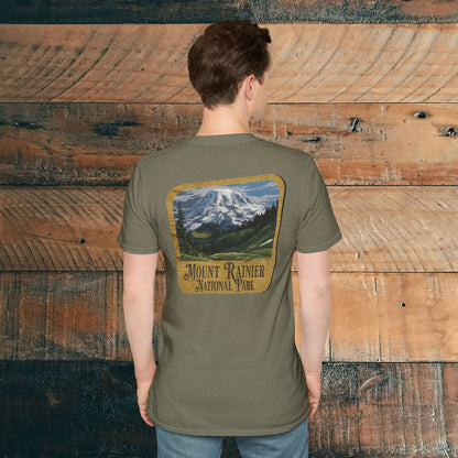 Mount Rainier Wood Sign Back Print National Park Soft T-shirt - Park Service Apparel
