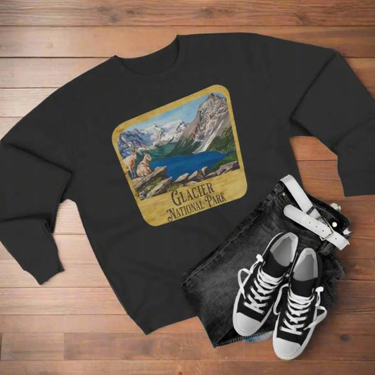 Glacier National Park Unisex Fit Crewneck Sweatshirt Wood Sign Lake View - Park Service Apparel