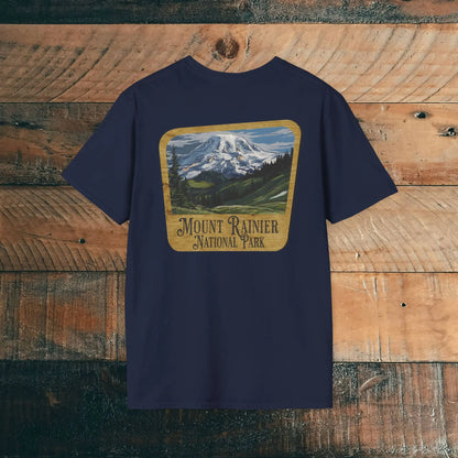 Mount Rainier Wood Sign Back Print National Park Soft T-shirt - Park Service Apparel