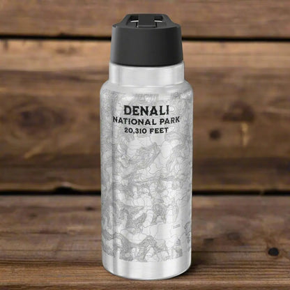 Denali National Park Topographic Insulated Water Bottle Tumbler 32oz Real USGS Topo Map Print - Park Service Apparel