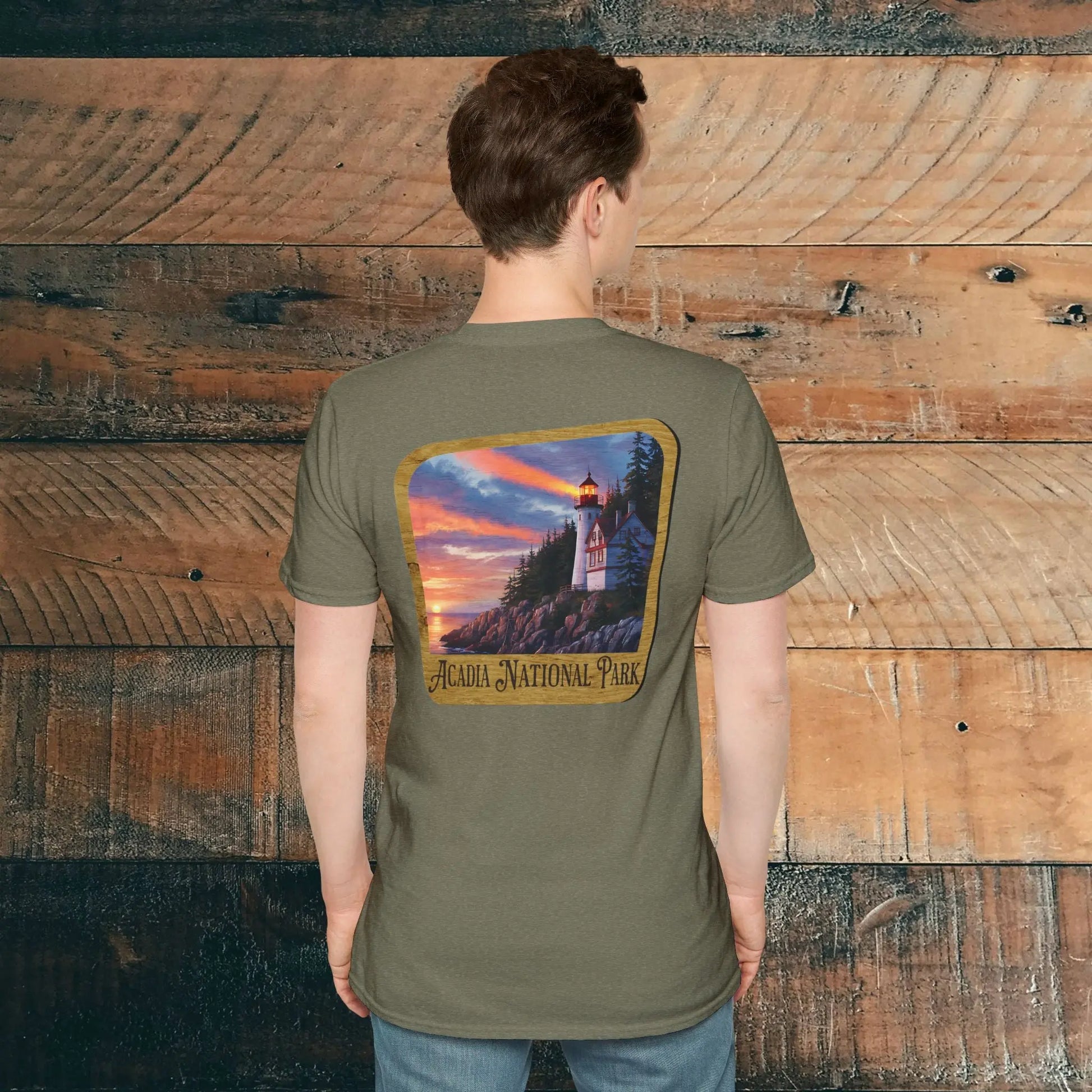 Acadia National Park Wood Sign Unisex Back Print Soft T-Shirt Coastal Lighthouse - Park Service Apparel