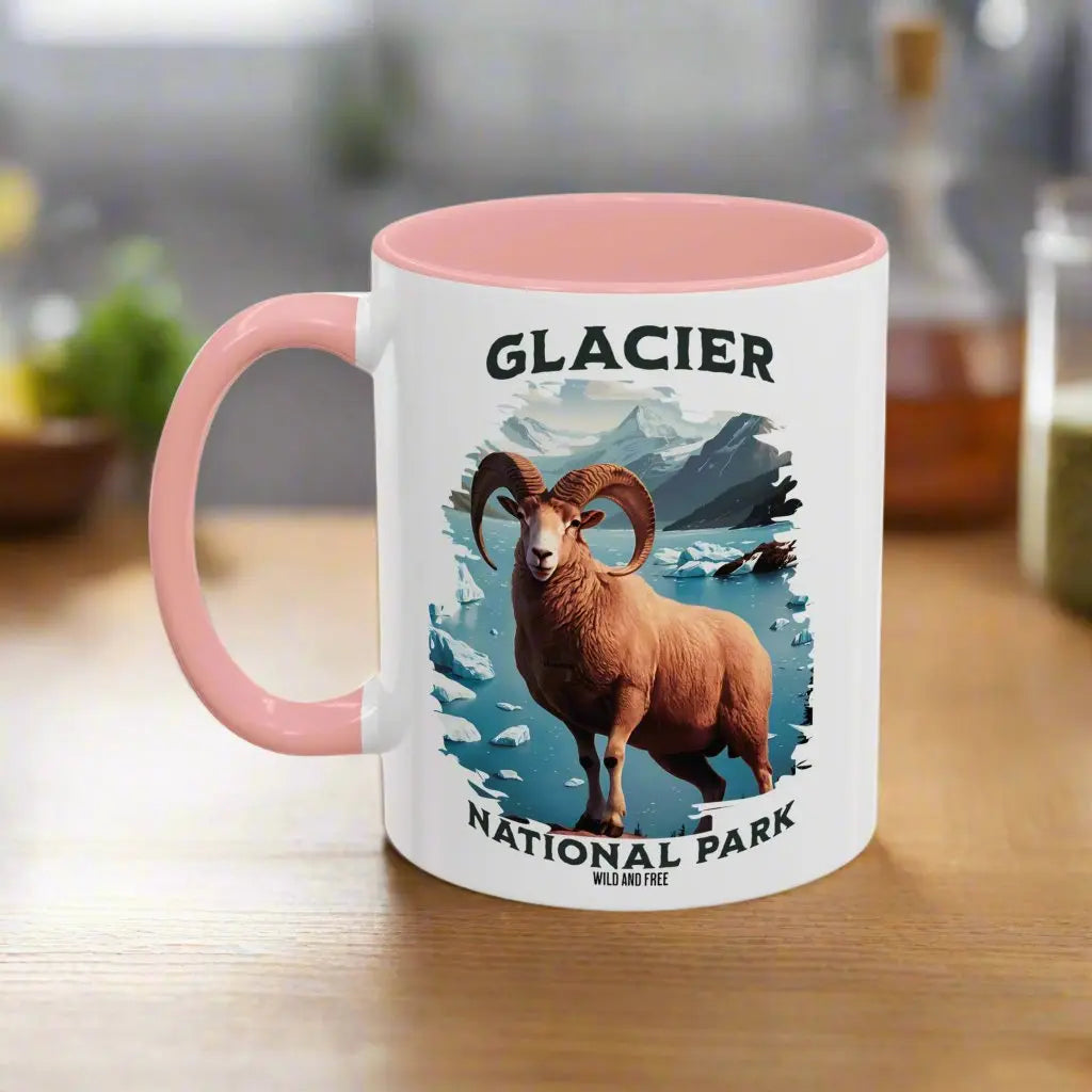 Glacier National Park Big Horned Sheep Accent Coffee Mug 11oz 15oz Blue Black Pink Red - Park Service Apparel