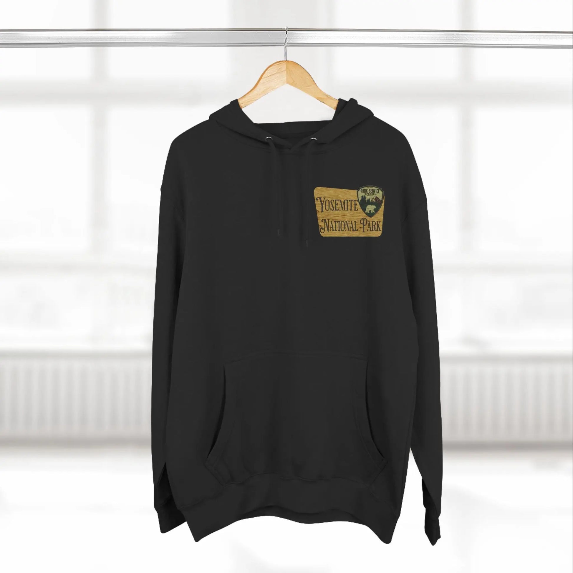 Yosemite National Park Fleece Hoodie Scenic Valley Art Wooden Mountain Sign - Park Service Apparel