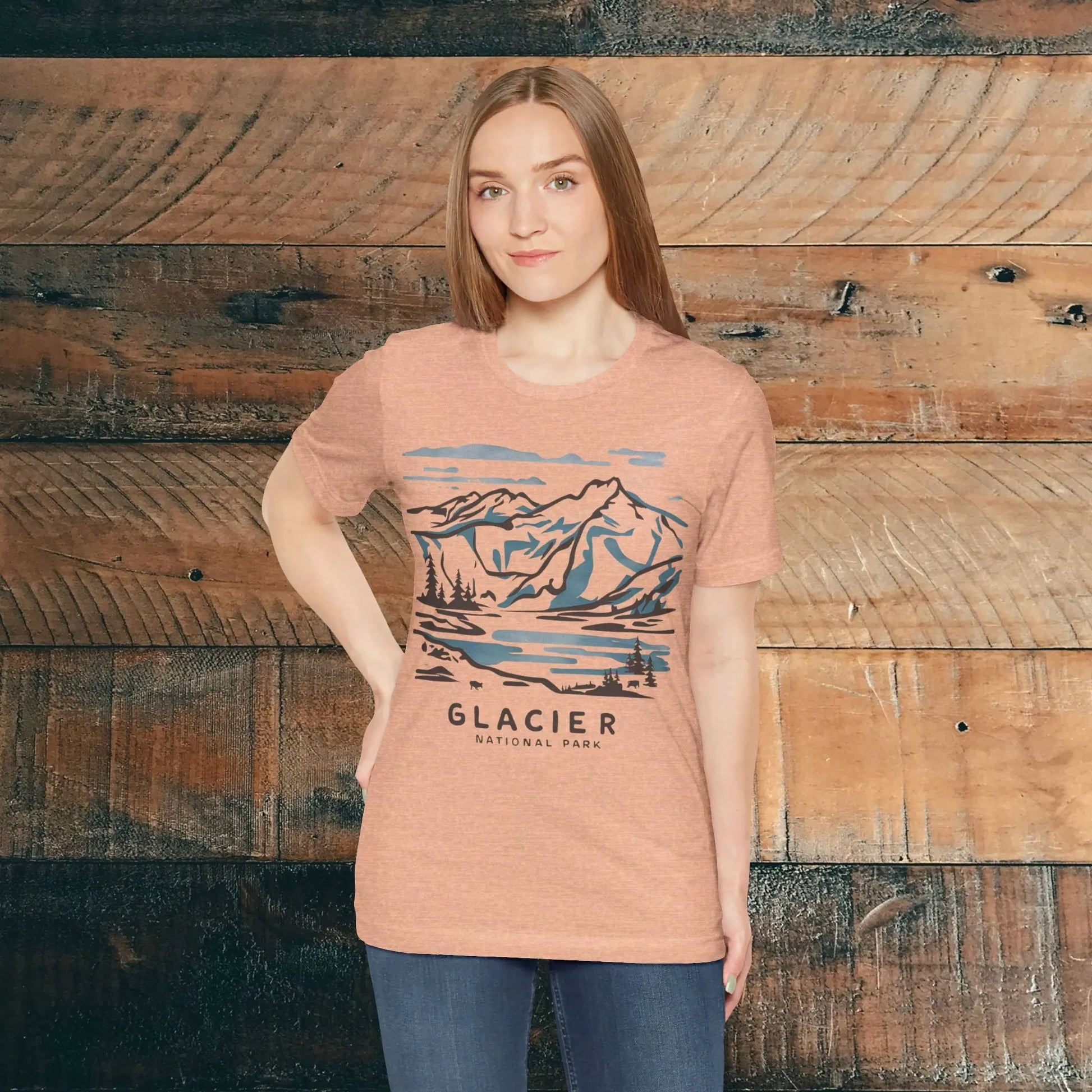 Glacier National Park Unisex Fit Soft T-Shirt Watercolor Line Art - Park Service Apparel