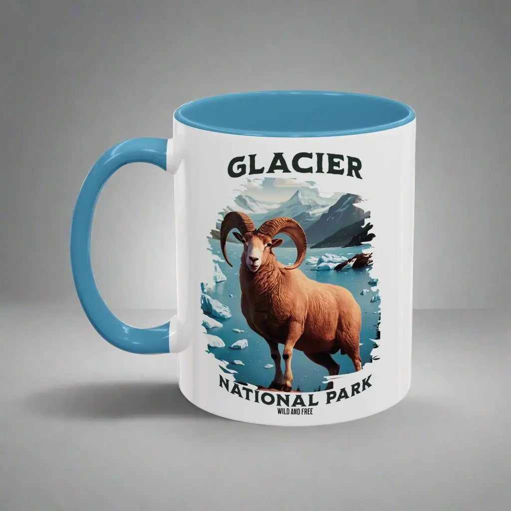 Glacier National Park Big Horned Sheep Accent Coffee Mug 11oz 15oz Blue Black Pink Red - Park Service Apparel