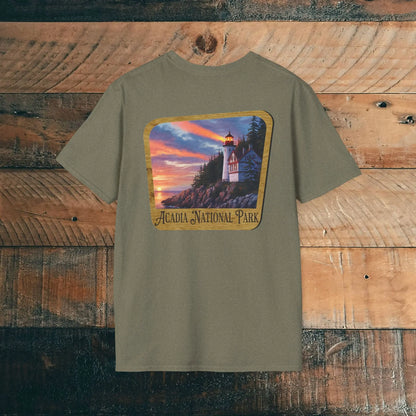 Acadia National Park Wood Sign Unisex Back Print Soft T-Shirt Coastal Lighthouse - Park Service Apparel