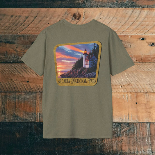 Acadia National Park Wood Sign Unisex Back Print Soft T-Shirt Coastal Lighthouse - Park Service Apparel