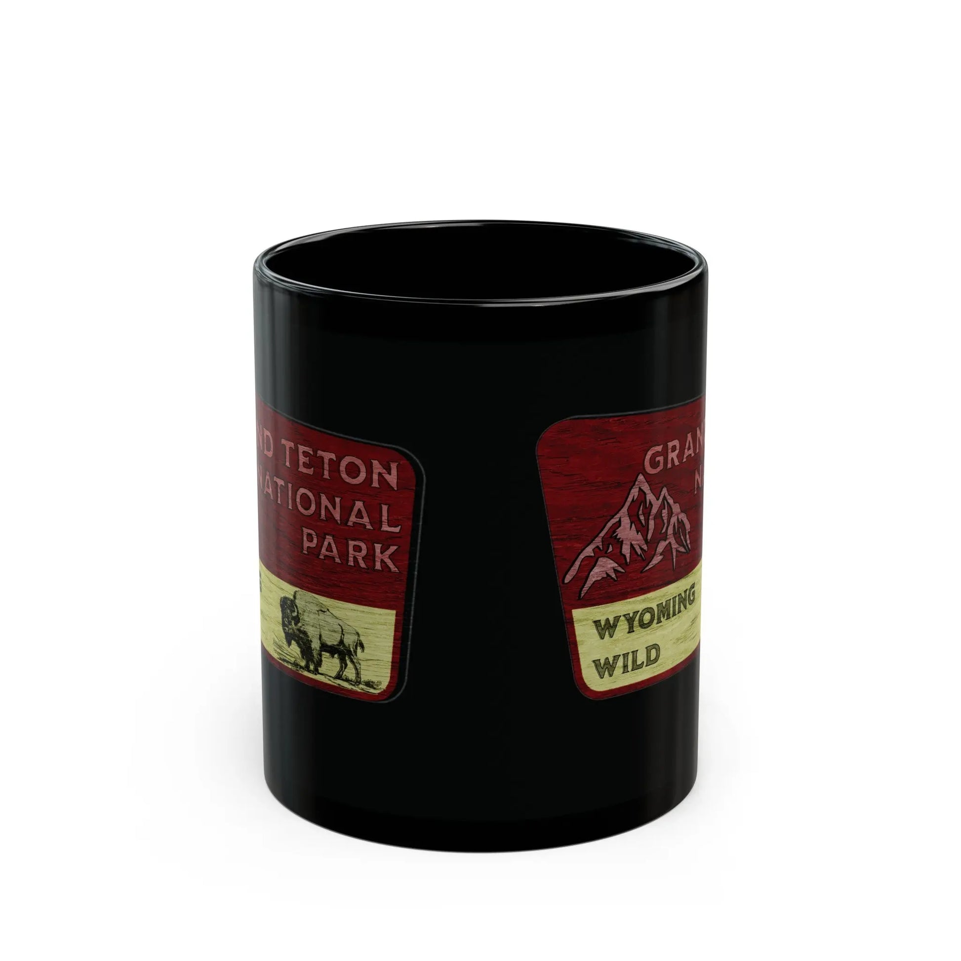 Grand Teton National Park Black Mug (11oz, 15oz) Wyoming Wild Wood Sign Graphic - Park Service Apparel