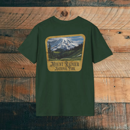 Mount Rainier Wood Sign Back Print National Park Soft T-shirt - Park Service Apparel