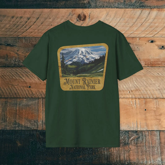 Mount Rainier Wood Sign Back Print National Park Soft T-shirt - Park Service Apparel