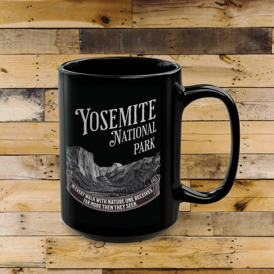 Yosemite National Park Rustic Scenic Ceramic Black Mug (11oz, 15oz) Muir Nature - Park Service Apparel
