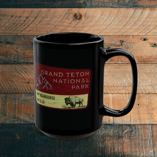 Grand Teton National Park Black Mug (11oz, 15oz) Wyoming Wild Wood Sign Graphic - Park Service Apparel