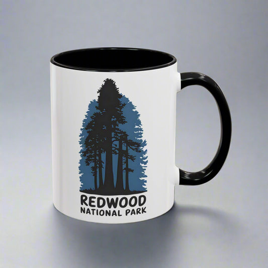 Redwood National Park Accent Coffee Mug 11oz 15oz Shaded Trees Blue Black Pink Red Outdoor Inspired Printify