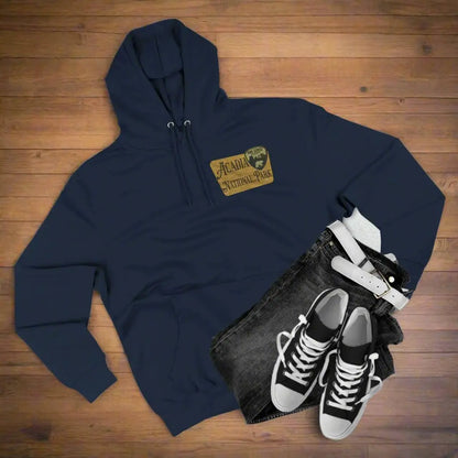 Acadia National Park Fleece Hoodie Scenic Coastal Graphic Wooden Mountain Sign - Park Service Apparel