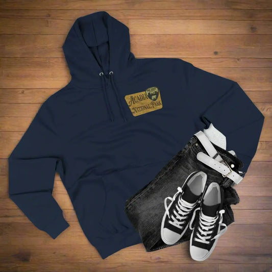Acadia National Park Fleece Hoodie Scenic Coastal Graphic Wooden Mountain Sign - Park Service Apparel