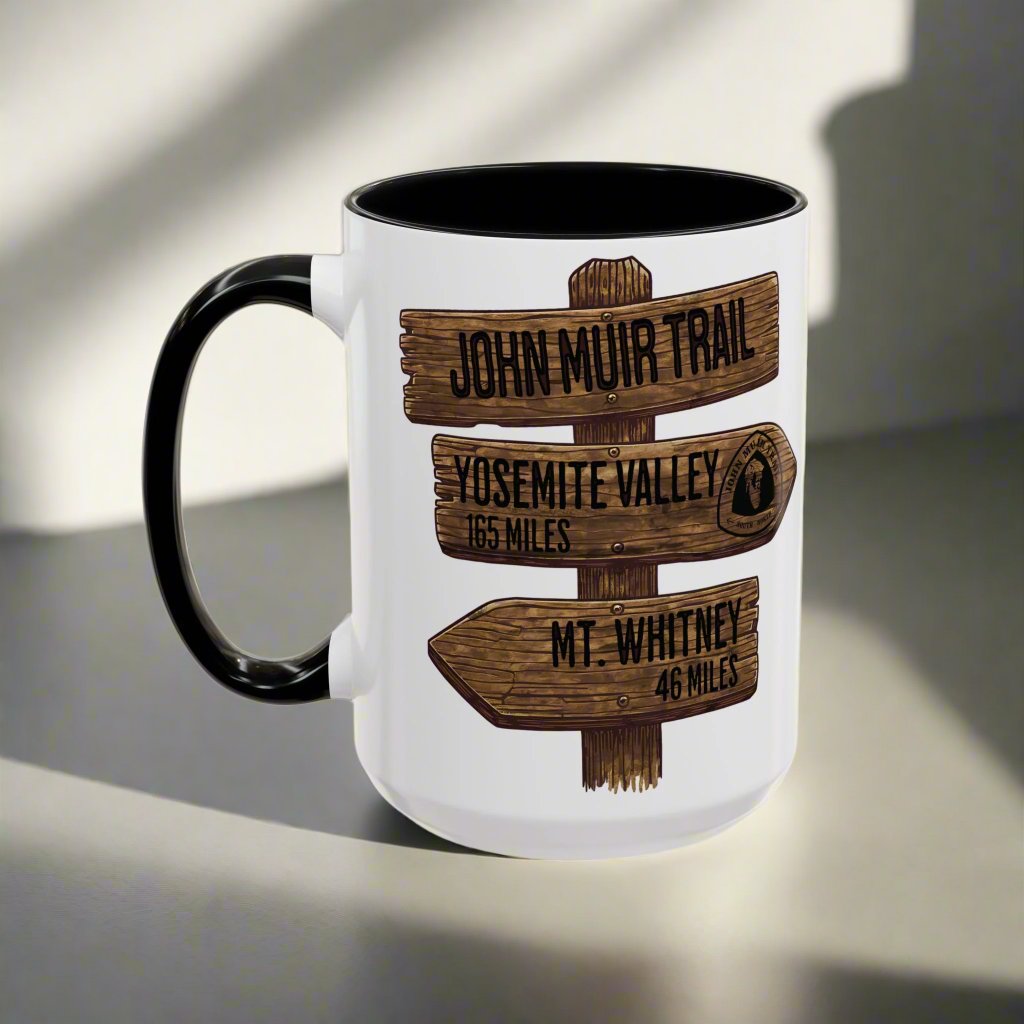 John Muir Trail Accent Coffee Mug 11oz 15oz National Scenic JMT Wood Mile Sign Printify