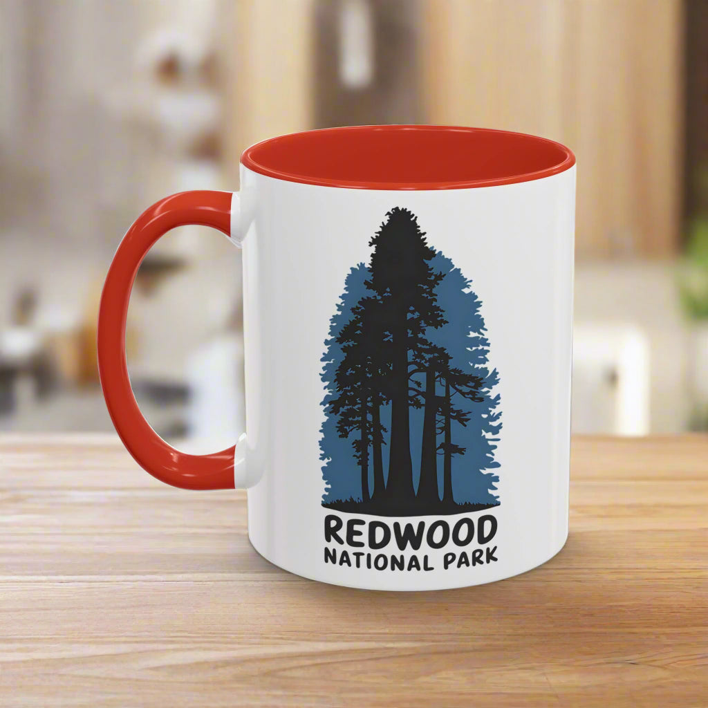 Redwood National Park Accent Coffee Mug 11oz 15oz Shaded Trees Blue Black Pink Red Outdoor Inspired Printify