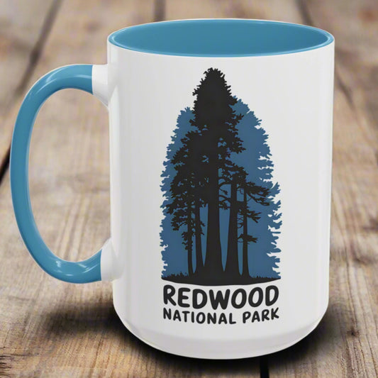 Redwood National Park Accent Coffee Mug 11oz 15oz Shaded Trees Blue Black Pink Red Outdoor Inspired Printify