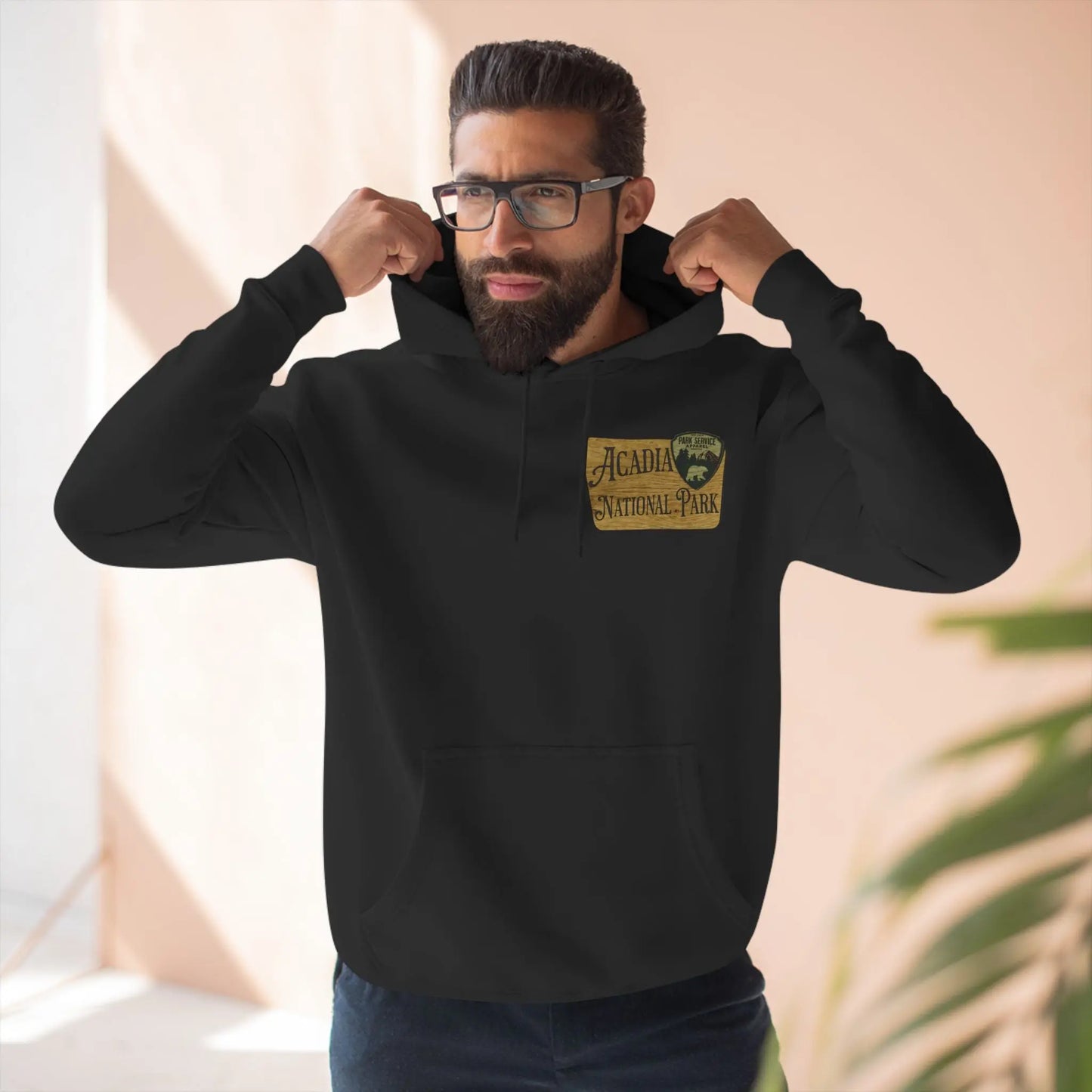 Acadia National Park Fleece Hoodie Scenic Coastal Graphic Wooden Mountain Sign - Park Service Apparel