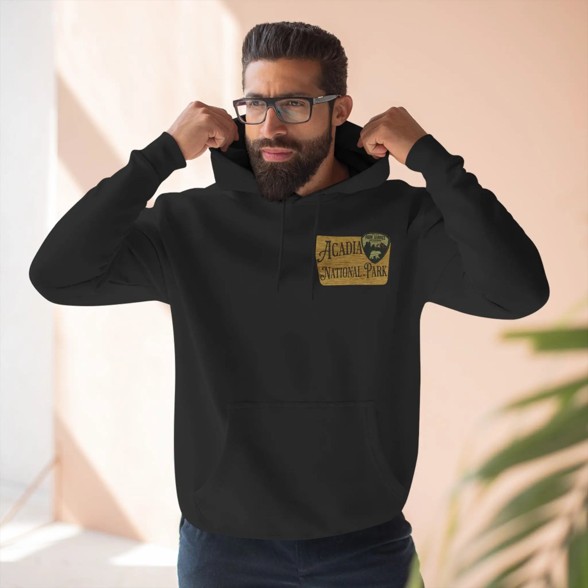 Acadia National Park Fleece Hoodie Scenic Coastal Graphic Wooden Mountain Sign - Park Service Apparel
