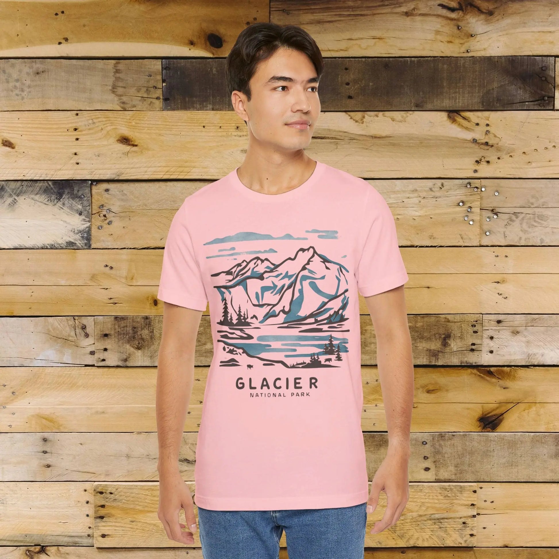 Glacier National Park Unisex Fit Soft T-Shirt Watercolor Line Art - Park Service Apparel