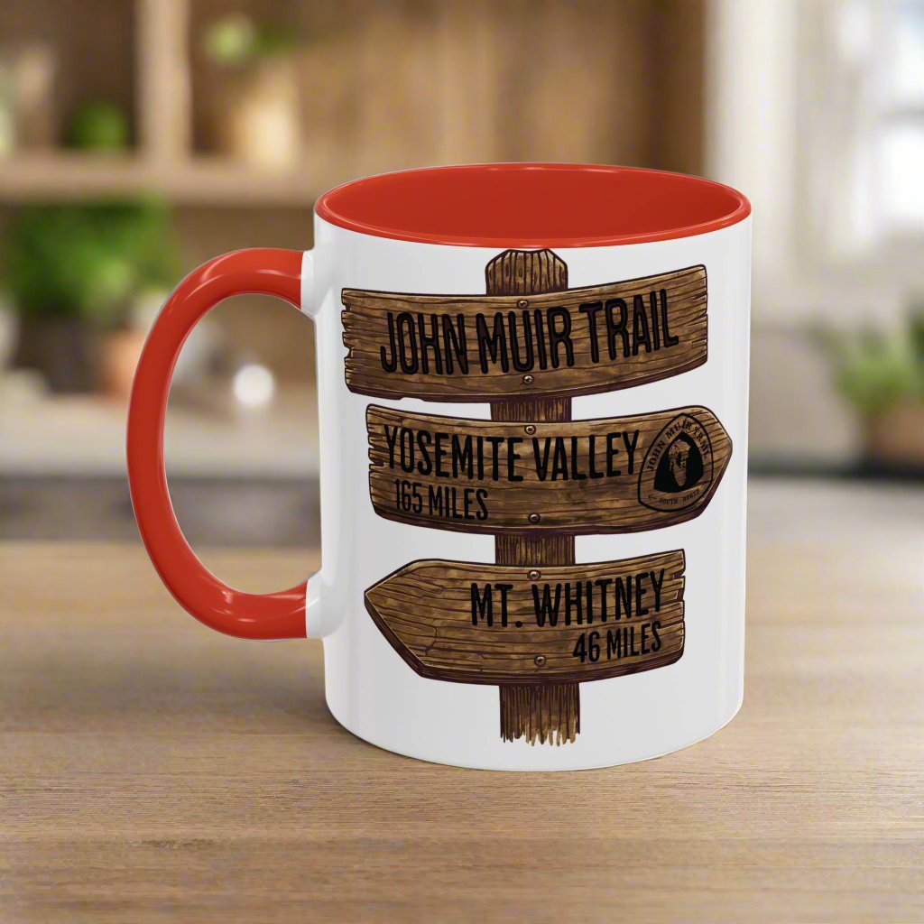John Muir Trail Accent Coffee Mug 11oz 15oz National Scenic JMT Wood Mile Sign Printify