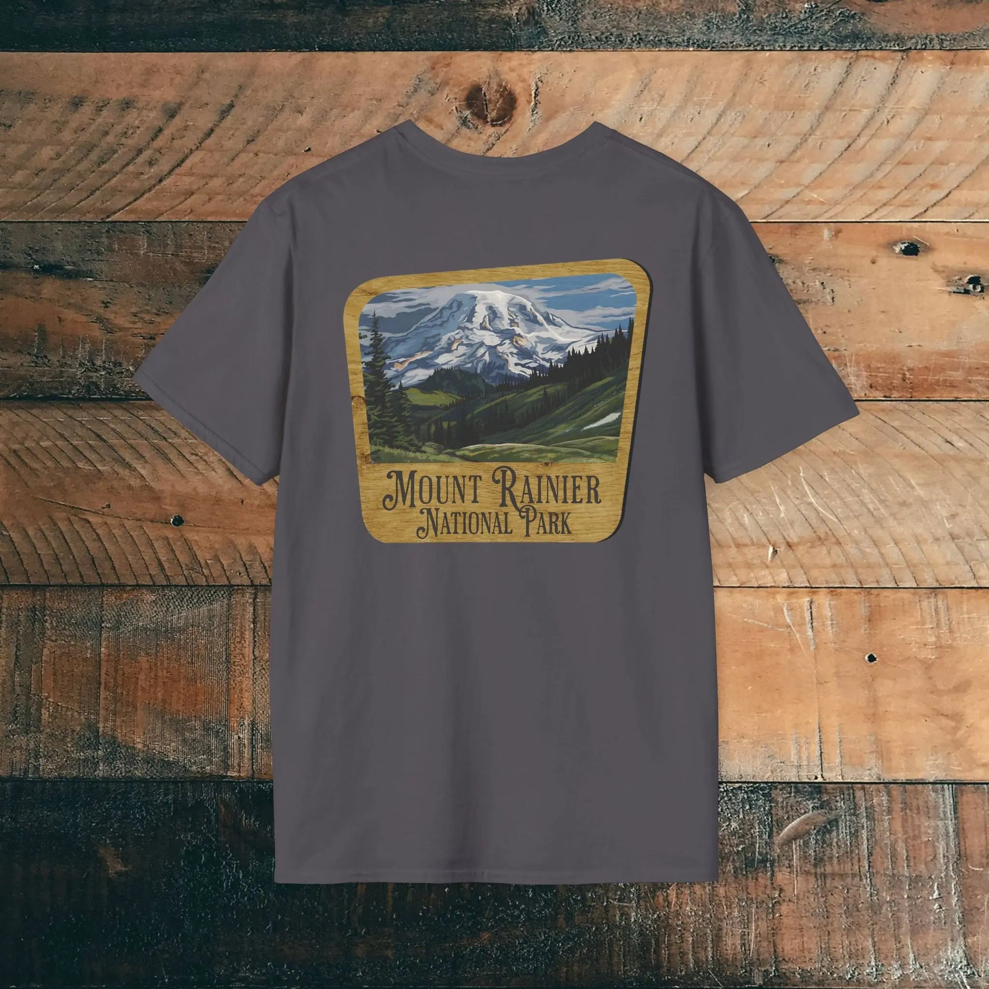 Mount Rainier Wood Sign Back Print National Park Soft T-shirt - Park Service Apparel