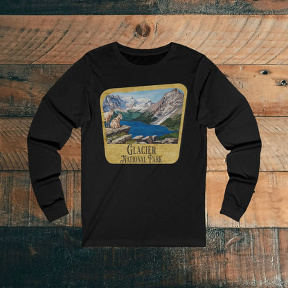 Glacier National Park Unisex Fit Long Sleeve T-Shirt Mountain View Wood Sign - Park Service Apparel