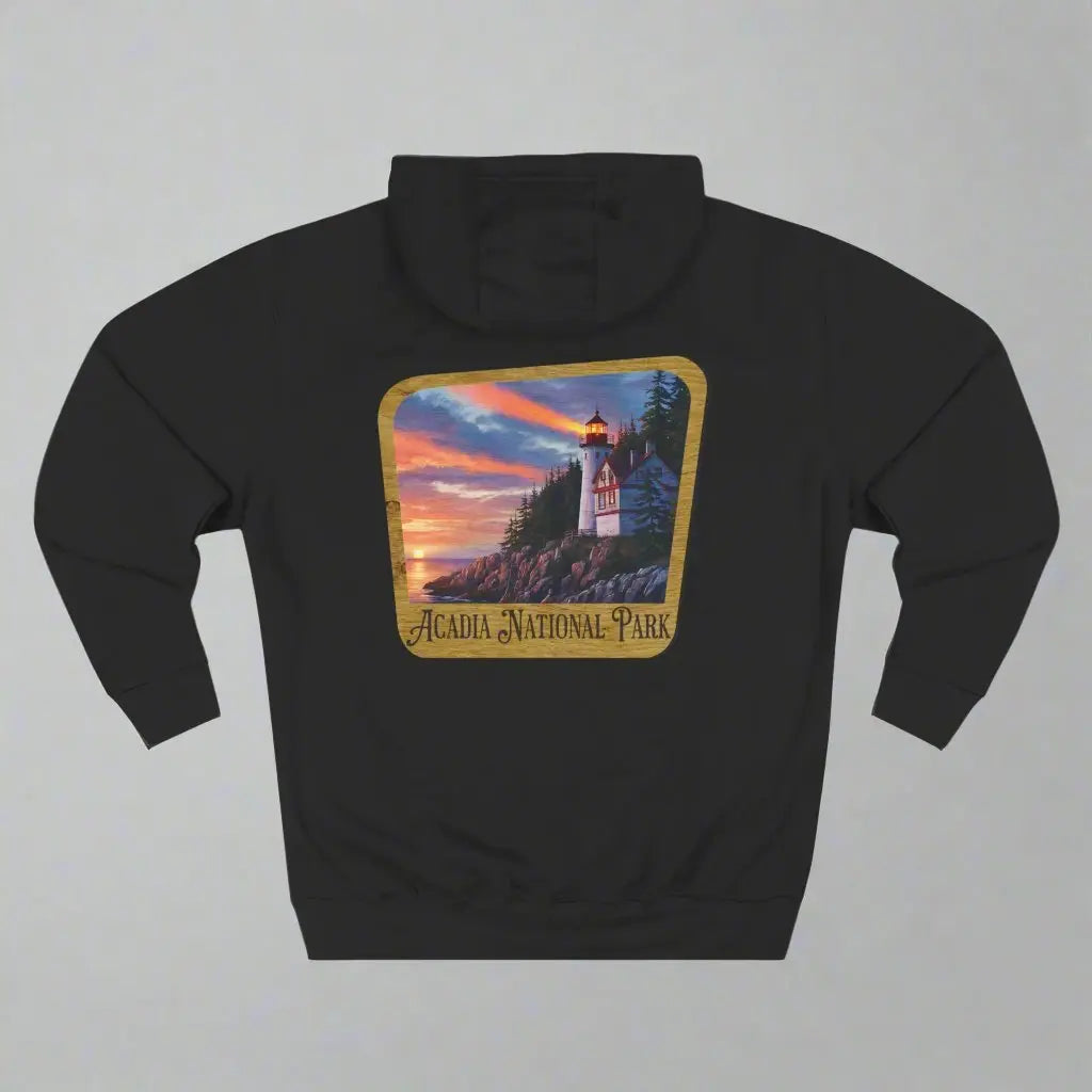 Acadia National Park Fleece Hoodie Scenic Coastal Graphic Wooden Mountain Sign - Park Service Apparel